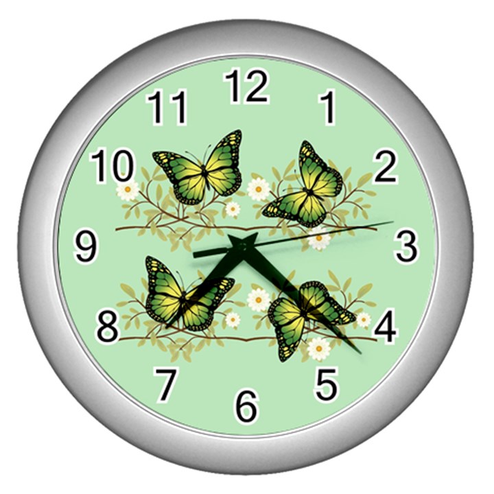 Four green butterflies Wall Clocks (Silver) 