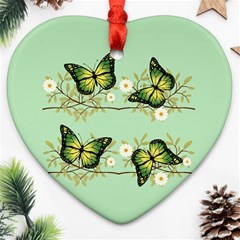 Four Green Butterflies Heart Ornament (two Sides) by linceazul