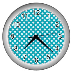 Sleeping Kitties Polka Dots Teal Wall Clocks (silver) 