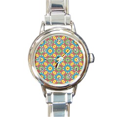 Geometric Multicolored Print Round Italian Charm Watch