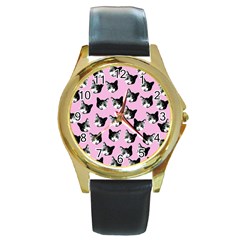 Cat Pattern Round Gold Metal Watch by Valentinaart