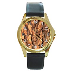 Bark Texture Wood Large Rough Red Wood Outside California Round Gold Metal Watch