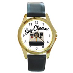 Say Cheese Round Gold Metal Watch by Valentinaart