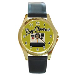 Say Cheese Round Gold Metal Watch by Valentinaart