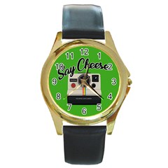 Say Cheese Round Gold Metal Watch by Valentinaart