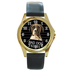 Bad Dog Round Gold Metal Watch by Valentinaart