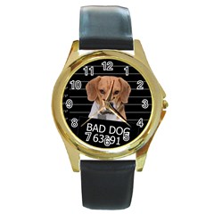 Bad Dog Round Gold Metal Watch by Valentinaart