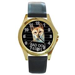 Bad Dog Round Gold Metal Watch by Valentinaart