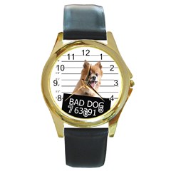 Bad Dog Round Gold Metal Watch by Valentinaart