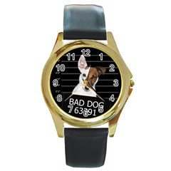 Bad Dog Round Gold Metal Watch by Valentinaart