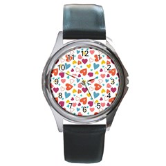 Colorful Bright Hearts Pattern Round Metal Watch by TastefulDesigns