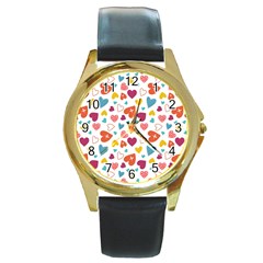 Colorful Bright Hearts Pattern Round Gold Metal Watch by TastefulDesigns