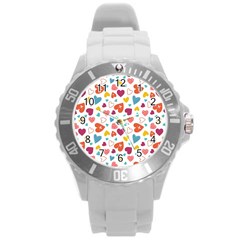 Colorful Bright Hearts Pattern Round Plastic Sport Watch (l) by TastefulDesigns