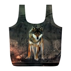 Awesome Wolf In The Night Full Print Recycle Bags (l)  by FantasyWorld7