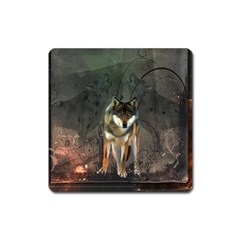 Awesome Wolf In The Night Square Magnet by FantasyWorld7