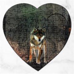 Awesome Wolf In The Night Jigsaw Puzzle (heart) by FantasyWorld7