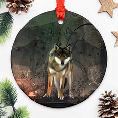 Awesome Wolf In The Night Round Ornament (two Sides) by FantasyWorld7