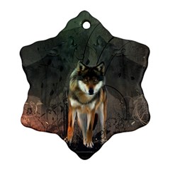 Awesome Wolf In The Night Snowflake Ornament (two Sides) by FantasyWorld7