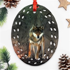 Awesome Wolf In The Night Ornament (oval Filigree) by FantasyWorld7