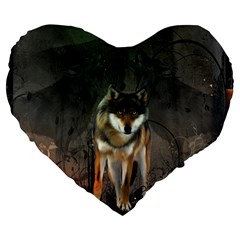 Awesome Wolf In The Night Large 19  Premium Flano Heart Shape Cushions by FantasyWorld7