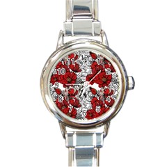 Hand Drawn Red Flowers Pattern Round Italian Charm Watch by TastefulDesigns