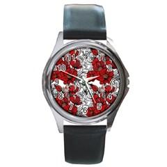 Hand Drawn Red Flowers Pattern Round Metal Watch by TastefulDesigns