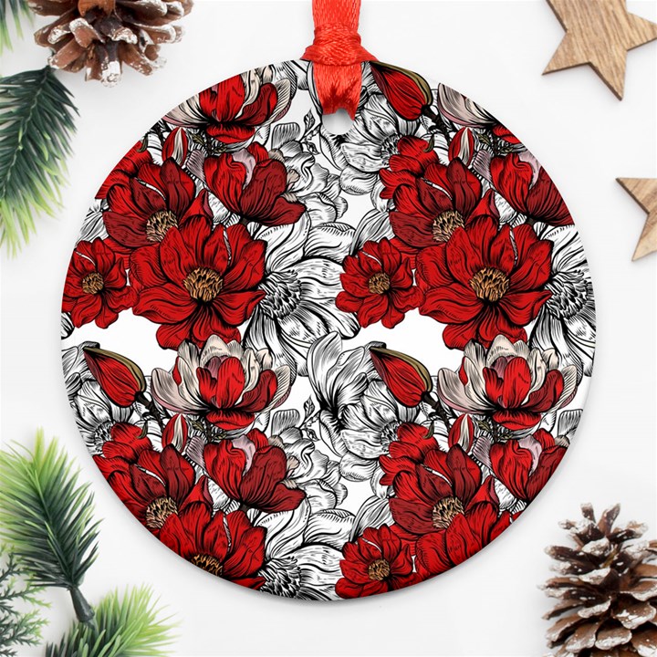 Hand Drawn Red Flowers Pattern Ornament (Round)