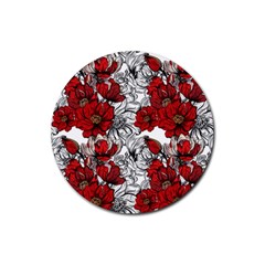 Hand Drawn Red Flowers Pattern Rubber Coaster (round)  by TastefulDesigns