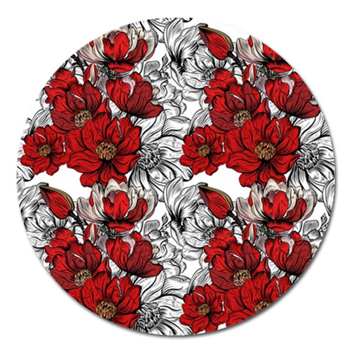 Hand Drawn Red Flowers Pattern Magnet 5  (Round)