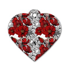 Hand Drawn Red Flowers Pattern Dog Tag Heart (one Side) by TastefulDesigns