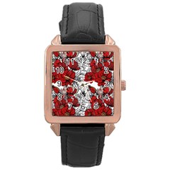 Hand Drawn Red Flowers Pattern Rose Gold Leather Watch  by TastefulDesigns