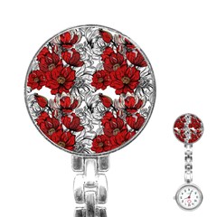 Hand Drawn Red Flowers Pattern Stainless Steel Nurses Watch by TastefulDesigns