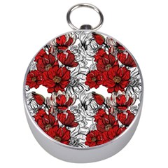 Hand Drawn Red Flowers Pattern Silver Compasses by TastefulDesigns