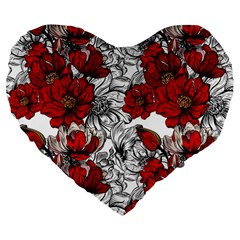 Hand Drawn Red Flowers Pattern Large 19  Premium Flano Heart Shape Cushions by TastefulDesigns