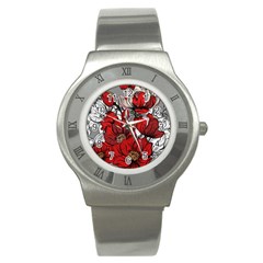 Red Flowers Pattern Stainless Steel Watch by TastefulDesigns