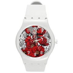 Red Flowers Pattern Round Plastic Sport Watch (m) by TastefulDesigns