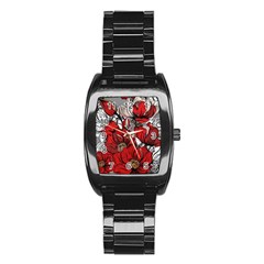 Red Flowers Pattern Stainless Steel Barrel Watch by TastefulDesigns