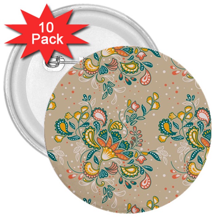 Hand drawn batik floral pattern 3  Buttons (10 pack) 