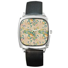 Hand Drawn Batik Floral Pattern Square Metal Watch by TastefulDesigns