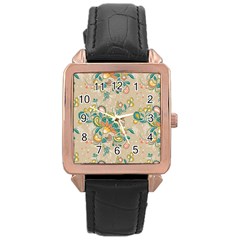 Hand drawn batik floral pattern Rose Gold Leather Watch 