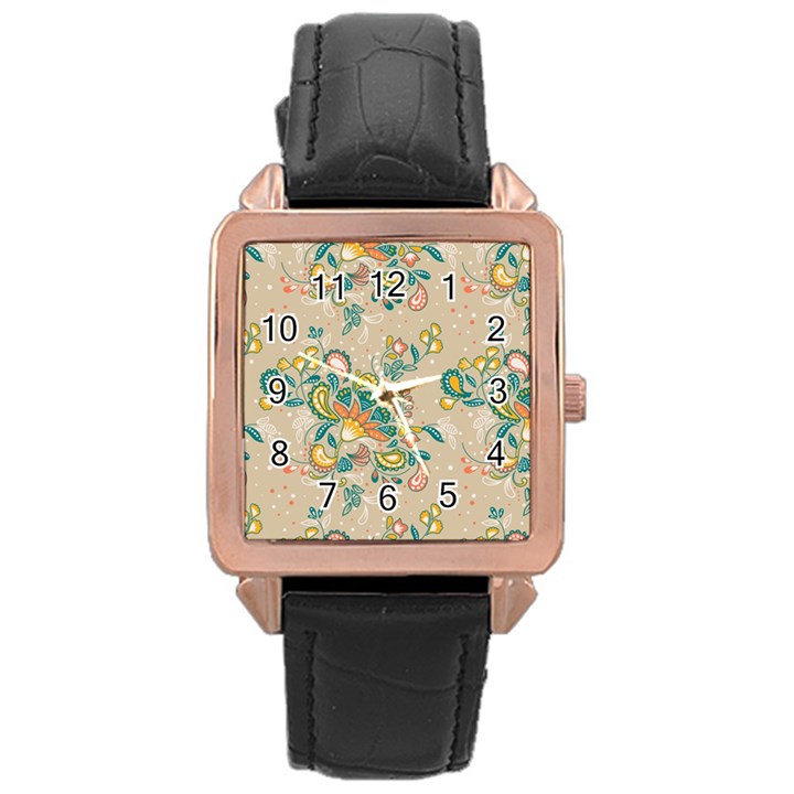 Hand drawn batik floral pattern Rose Gold Leather Watch 