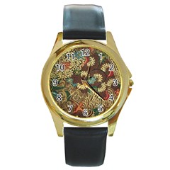 Traditional Batik Art Pattern Round Gold Metal Watch