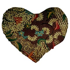 Traditional Batik Art Pattern Large 19  Premium Flano Heart Shape Cushions