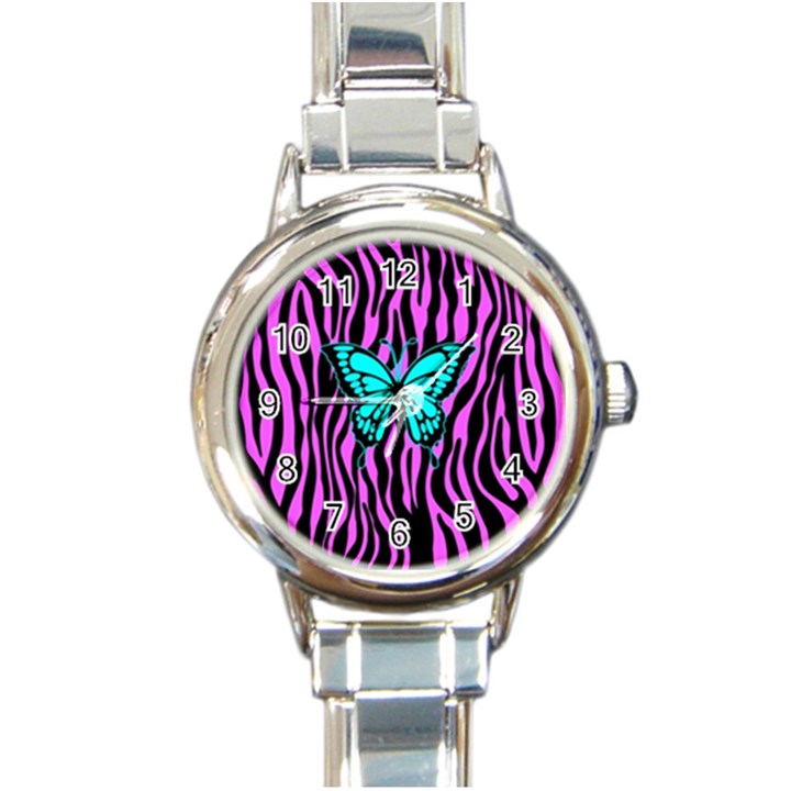 Zebra Stripes Black Pink   Butterfly Turquoise Round Italian Charm Watch