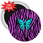 Zebra Stripes Black Pink   Butterfly Turquoise 3  Magnets (100 pack) Front