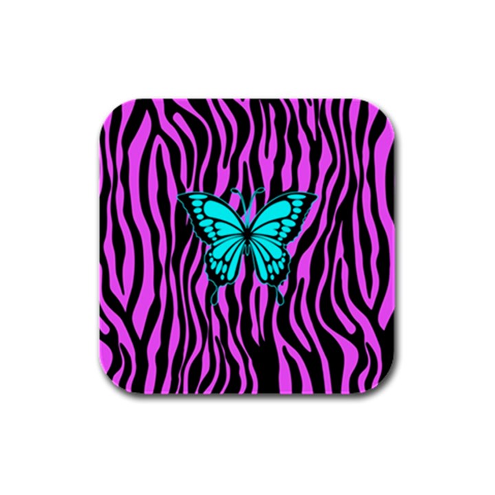 Zebra Stripes Black Pink   Butterfly Turquoise Rubber Square Coaster (4 pack) 