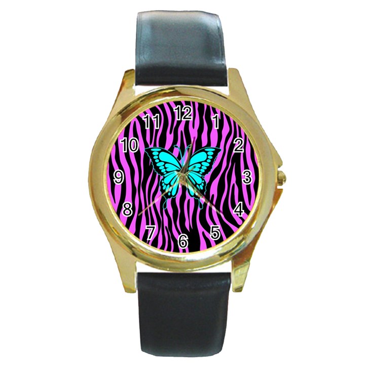 Zebra Stripes Black Pink   Butterfly Turquoise Round Gold Metal Watch