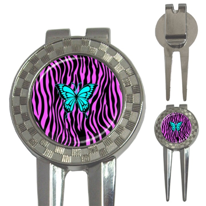 Zebra Stripes Black Pink   Butterfly Turquoise 3-in-1 Golf Divots