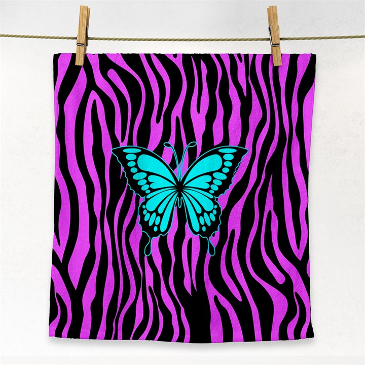 Zebra Stripes Black Pink   Butterfly Turquoise Face Towel