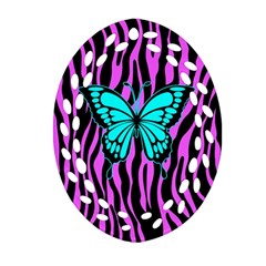 Zebra Stripes Black Pink   Butterfly Turquoise Oval Filigree Ornament (Two Sides)